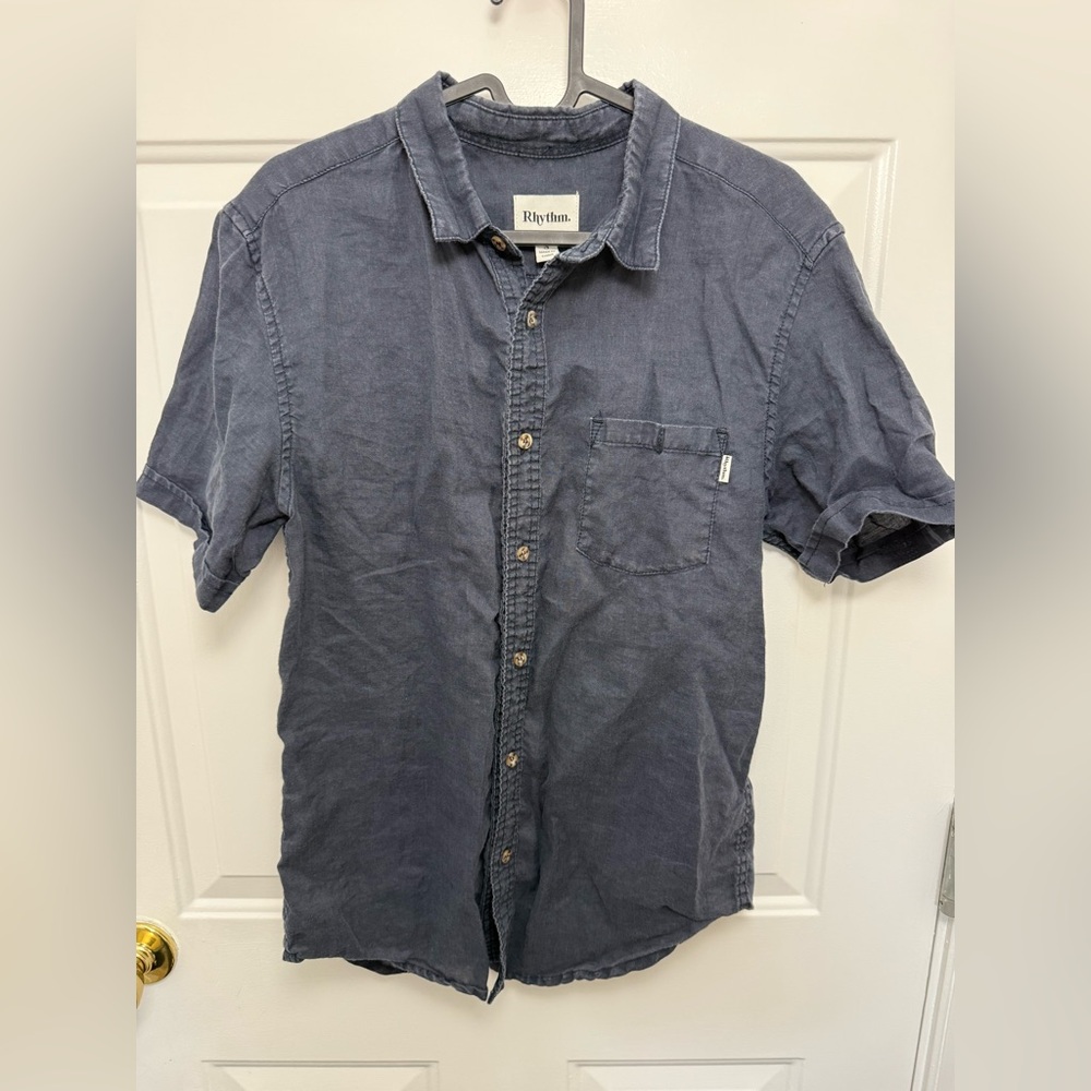 Rhythm Blue Short Sleeve Button Up Top Size Small 100% Ramie Lightweight
